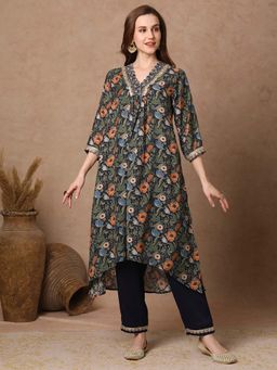 FASHOR - Ethnic Floral Embroidered A-Line Kurta with Pant - Navy Blue (Set of 2)