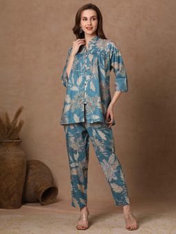 FASHOR - Ethnic Floral Printed Co-Ord Set - Blue (Set of 2)