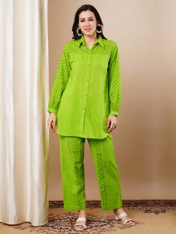 FASHOR - Schiffli Embroidered Straight Fit Co-Ord - Lime Green (Set of 2)