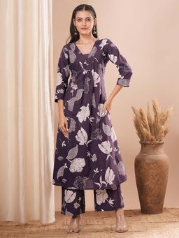 FASHOR - Floral Printed A-Line Kurta with Pant - Dark Purple (Set of 2)