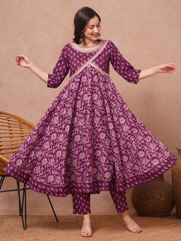 FASHOR - Floral Printed Anarkali Kurta with Pant - Purple (Set of 2)
