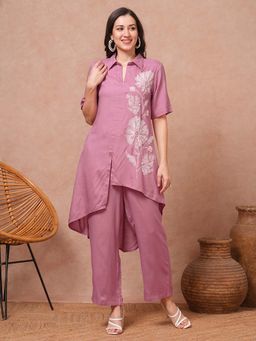 FASHOR - Floral Embroidered High Low Kurta and Palazzo - Pink (Set of 2)