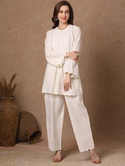 FASHOR - Schiffli Embroidered A-Line Co-Ord - White (Set of 2)