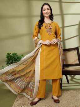 Nayam by lakshita - Mustard Embroidered Straight Kurta with Pant and Dupatta (Set of 3)