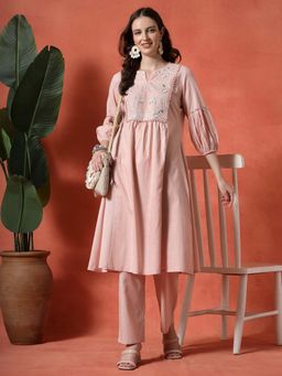 Nayam by lakshita - Pink Floral Embroidered Flared Kurta with Pant (Set of 2)