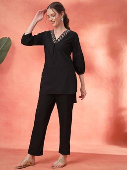 Nayam by lakshita - Black Solid Embroidered Straight Cotton Co-Ord (Set of 2)