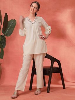 Nayam by lakshita - Off White Solid Embroidered Straight Cotton Co-Ord (Set of 2)