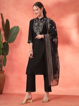 Nayam by lakshita - Black Embroidered Kurta with Pant and Printed Dupatta (Set of 3)