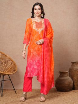 FASHOR - Bandhani Printed Straight Fit Kurta with Pant and Dupatta - Multi-Color (Set of 3)