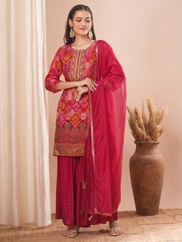 FASHOR - Woven Embroidered Kurta with Sharara and Dupatta - Pink (Set of 3)