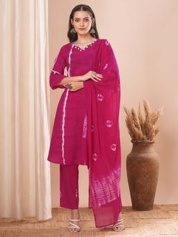 FASHOR - Tie-Dyed Printed A-Line Kurta with Pant and Dupatta - Dark Pink (Set of 3)