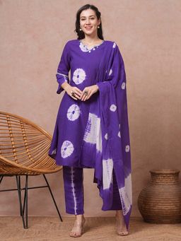 FASHOR - Tie-Dyed A-Line Kurta with Pant and Dupatta - Purple (Set of 3)