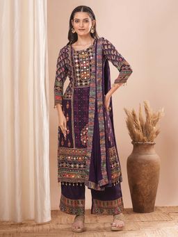 FASHOR - Ethnic Printed Embroidered Straight Kurta with Palazzo and Dupatta - Purple (Set of 3)