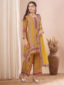 FASHOR - Floral Printed Embroidered A-Line Kurta with Palazzo and Dupatta - Yellow (Set of 3)