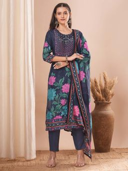 FASHOR - Ethnic Floral Printed Kurta with Pant and Dupatta - Navy Blue (Set of 3)