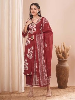 FASHOR - Floral Embroidered Straight Kurta with Salwar and Dupatta - Rust (Set of 3)