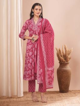 FASHOR - Printed Kurta with Pant and Dupatta - Pink (Set of 3)