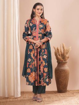 FASHOR - Floral Printed Flared Kurta with Pant and Dupatta - Teal (Set of 3)