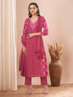 FASHOR - Floral Embroidered Kurta with Pant and Dupatta - Pink (Set of 3)