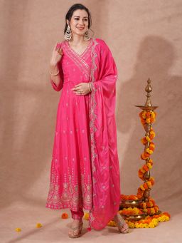 FASHOR - Zari Embroidered Anarkali Kurta with Pant and Dupatta - Pink (Set of 3)