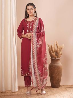 FASHOR - Floral Embroidered Straight Kurta with Pant and Dupatta - Maroon (Set of 3)