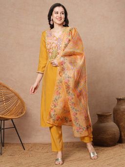 FASHOR - Floral Sequined Straight Fit Kurta with Pant and Dupatta - Mustard (Set of 3)