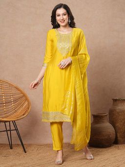 FASHOR - Floral Embroidered Straight Fit Kurta with Pant and Dupatta - Yellow (Set of 3)