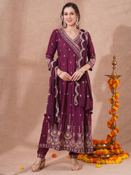 FASHOR - Zari Embroidered Anarkali Kurta with Pant and Dupatta - Burgundy (Set of 3)