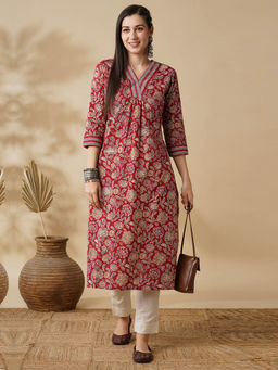 Globus - Women Maroon Allover Floral Printed Sequin Detail V-Neck Pleated A-Line Kurta