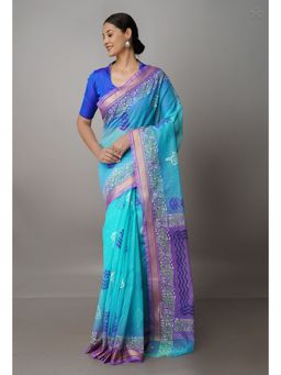 Unnati Silks - Turquoise Pure Block Printed Kota Cotton Saree with Unstitched Blouse