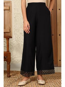 W - Black Solid Rayon Parallel Pant with Embellished Organza Hemline