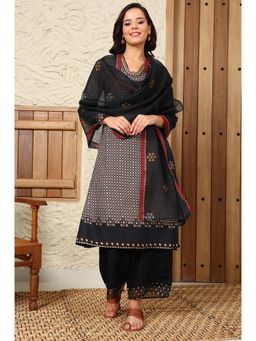 W - Black Floral Printed Kota Dupatta