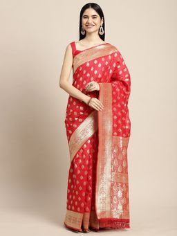 Sareemall - Womens Silk Blend Red Woven Design Saree with Unstitched Blouse