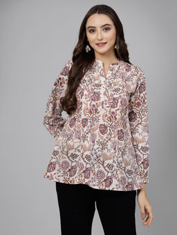 QOMN - Off White Printed Top with Pintucks Detail