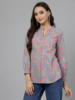 QOMN - Mauve Floral Printed Shirt Style Top