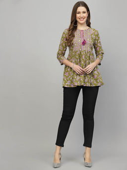 QOMN - Olive Green Floral Printed Top with Tie Up Neck