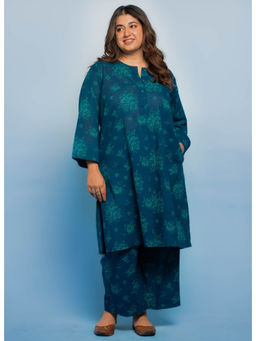 The Indian Ethnic Co. - Harshi Blue Dabu Mul Cotton Straight Kurta with Pant