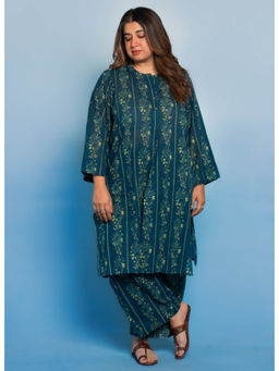 The Indian Ethnic Co. - Harshi Teal Dabu Mul Cotton Straight Kurta with Pant
