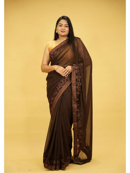 Isadora Life - Poly Georgette 3D Floral Embellished Border Predraped Saree with Unstitched