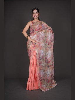 Isadora Life - Peach Zari Embroidered Work with half and half Wrap Saree with Unstitched