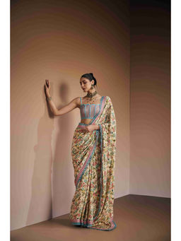 THE ROYALEUM ATELIER - Cream Vintage Floral Pre Drape Saree with Stitched