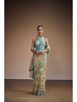 THE ROYALEUM ATELIER - Cream Botanical Pre Drape Saree with Stitched