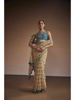 THE ROYALEUM ATELIER - Cream Vintage Floral Pre Drape Saree with Stitched