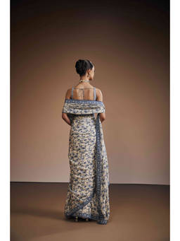 THE ROYALEUM ATELIER - Dark Slate Blue Pre Drape Saree with Stitched