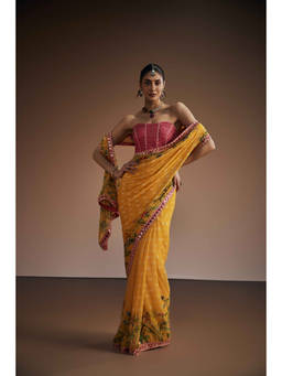 THE ROYALEUM ATELIER - Mustard Floral Pre Drape Saree with Stitched