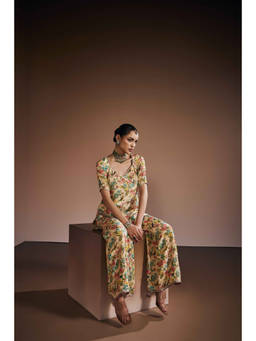 THE ROYALEUM ATELIER - Cream Vintage Floral Kurta With Palazzo And Dupatta