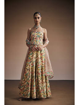 THE ROYALEUM ATELIER - Cream Vintage Floral Corset With Sharara And Dupatta