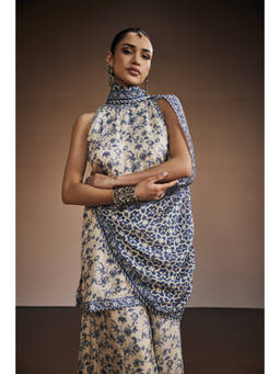 THE ROYALEUM ATELIER - Dark Slate Blue Halter Neck Kurta With Palazzo And Dupatta