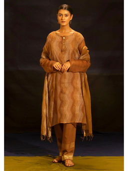 Banana Labs - Women Brown Stripes Kota Kurta with Pant and Dupatta