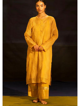 Banana Labs - Women Yellow Stripes Kota Kurta with Pant and Slip